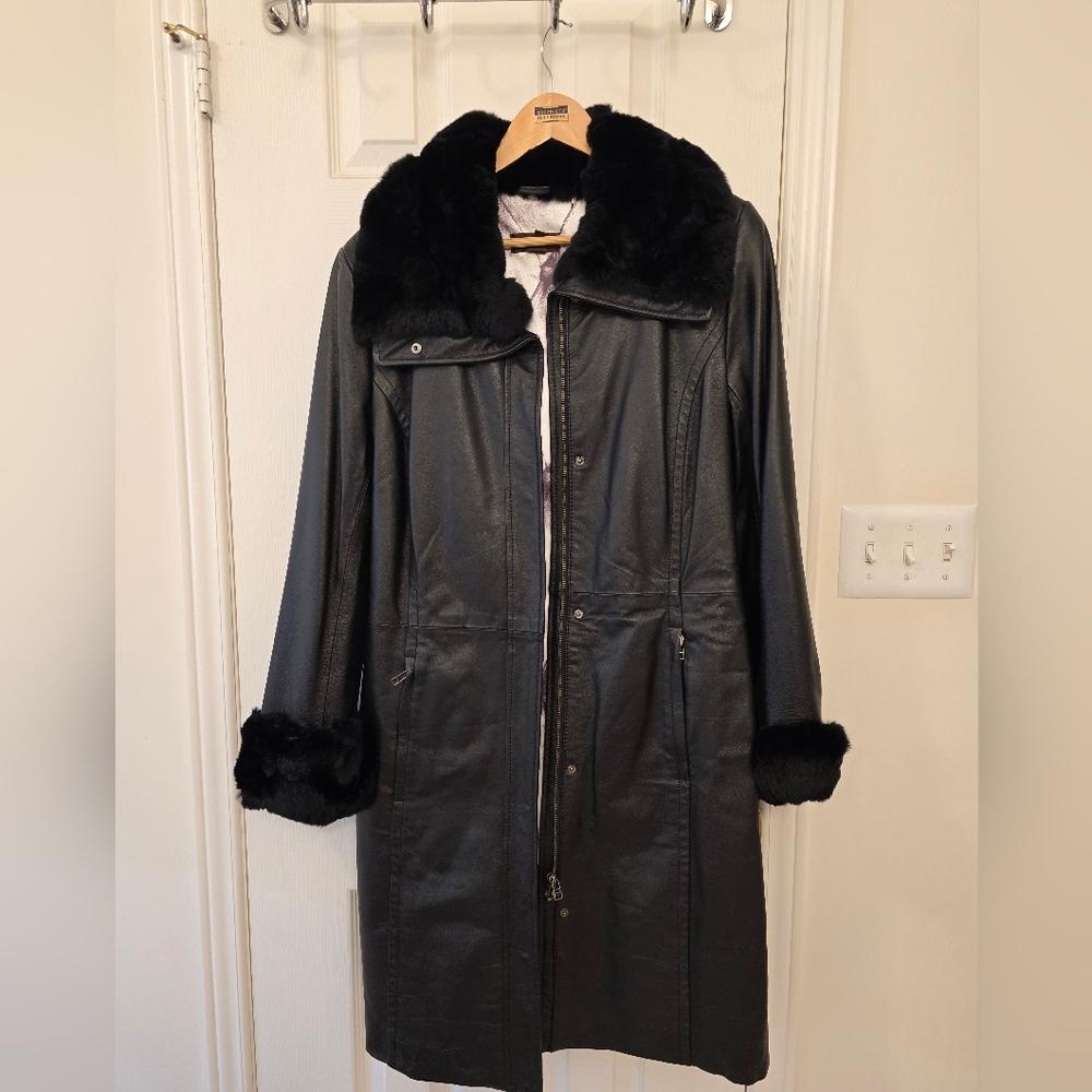 Danier Leather Black Leather Coat with Rabbit Fur Trim